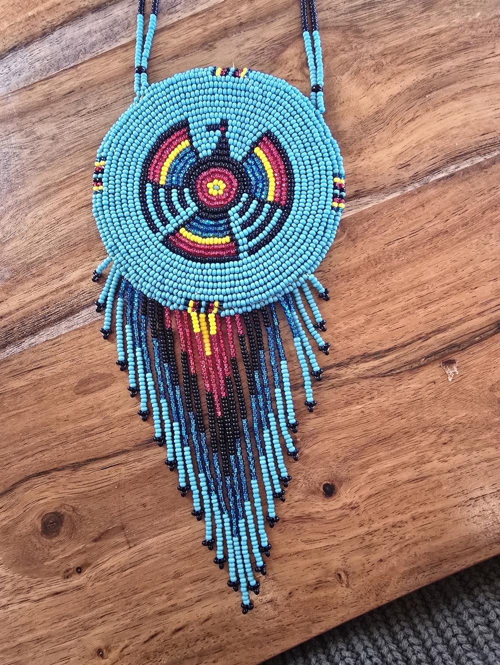 Large Modern Native-made Felt Back Beaded Thunderbird Necklace - Picture 4 of 7